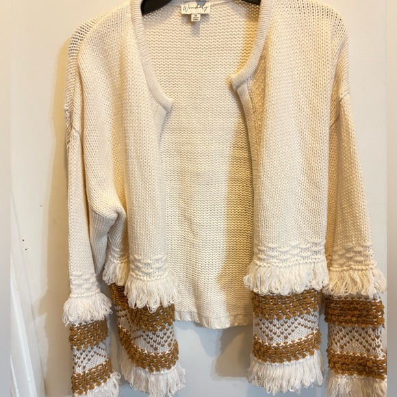 Cozy knit cardigan in cream w/ gold texture fringe accent by Wonderly Boho Chic - Picture 1 of 4